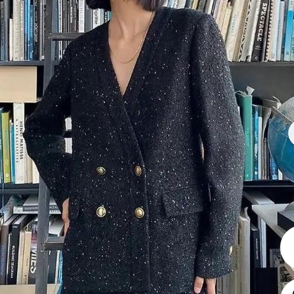 NWT Aritzia Babaton Kilburn Double-Breasted Blazer Black/Gold Tweed Size 2
